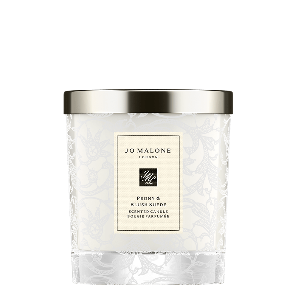 Peony & Blush Suede Home Candle with Lace Design